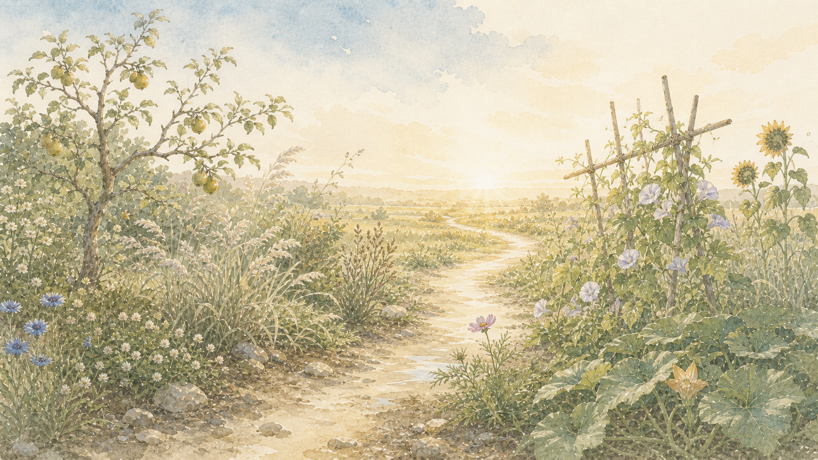 それぞれの草花が育ち、未来へ続く小道を描いた水彩画