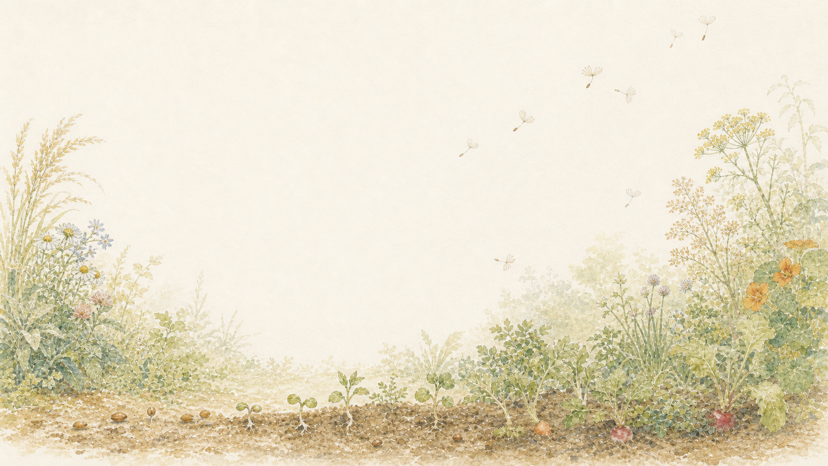 種から芽が伸び、草花へ育っていく水彩画
