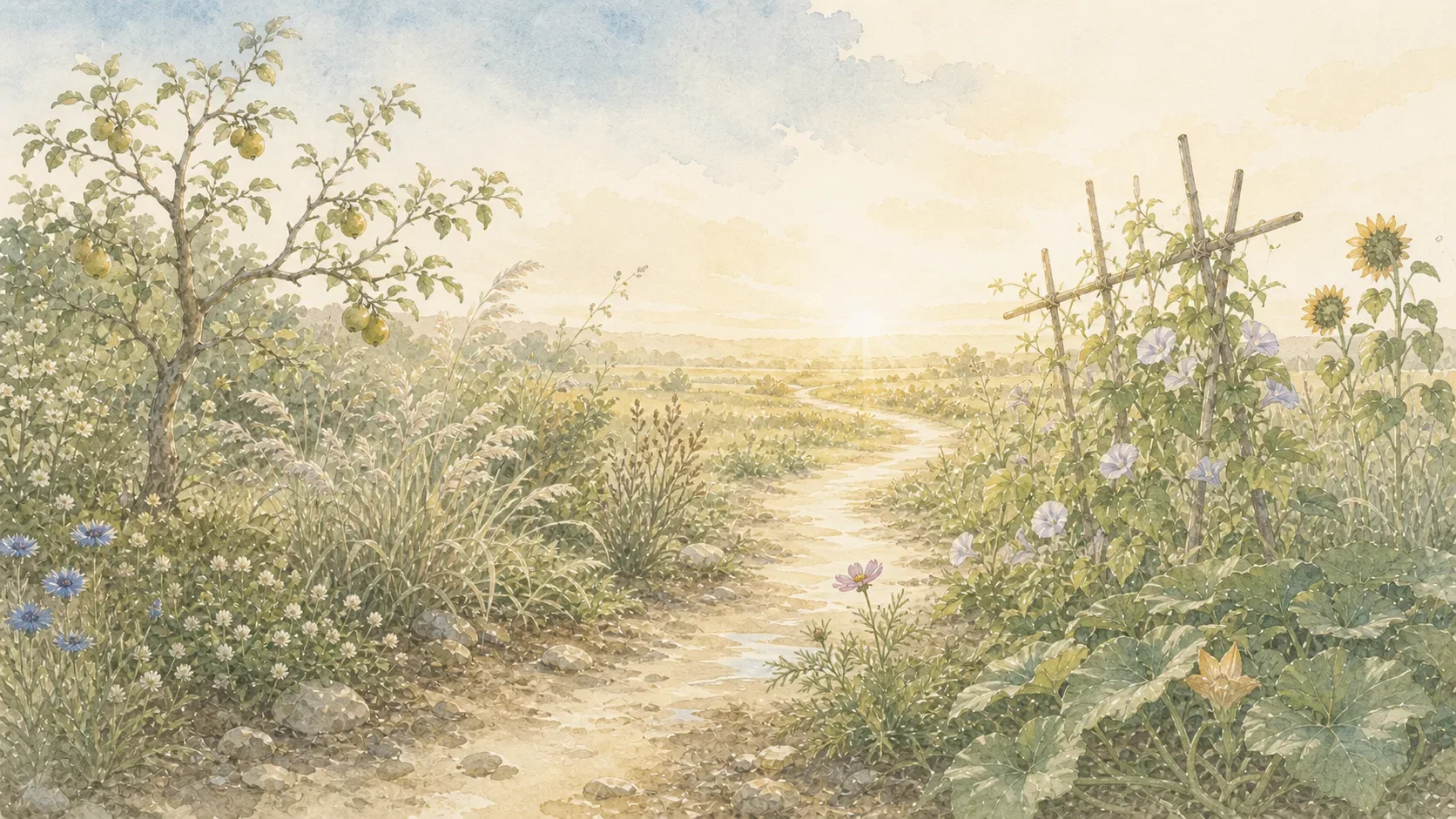 それぞれの草花が育ち、未来へ続く小道を描いた水彩画
