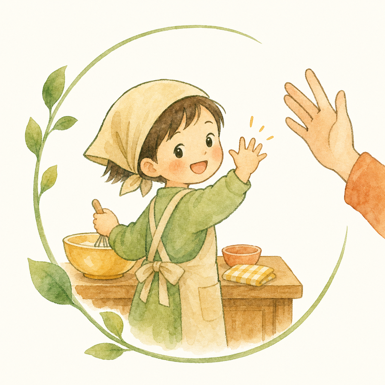お預かり制のイメージ、見守る手を表した水彩イラスト