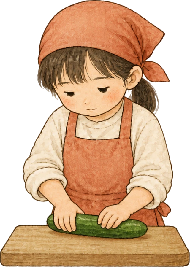 まな板の前で野菜を押さえて切る子ども