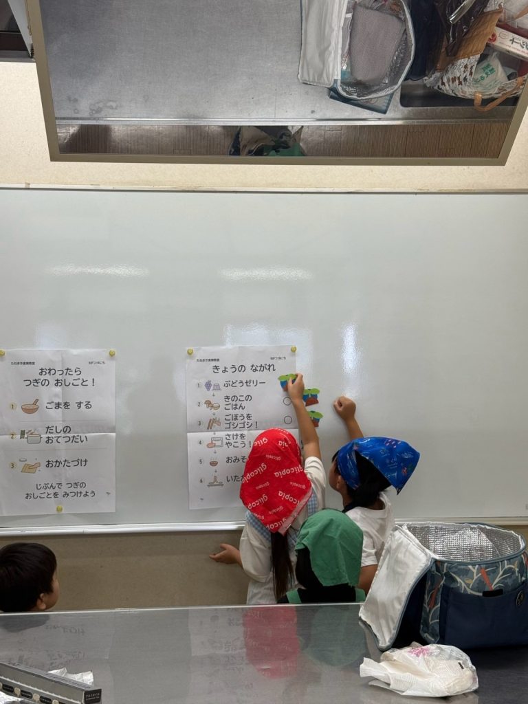 今日の作業の流れが番号付きで書かれたホワイトボードを指さす子どもたち